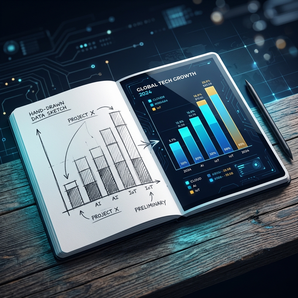 A crisp white notebook opened to a page where a hand‑drawn sketch of a bar chart morphs into a gl... - AI Precision Marketing