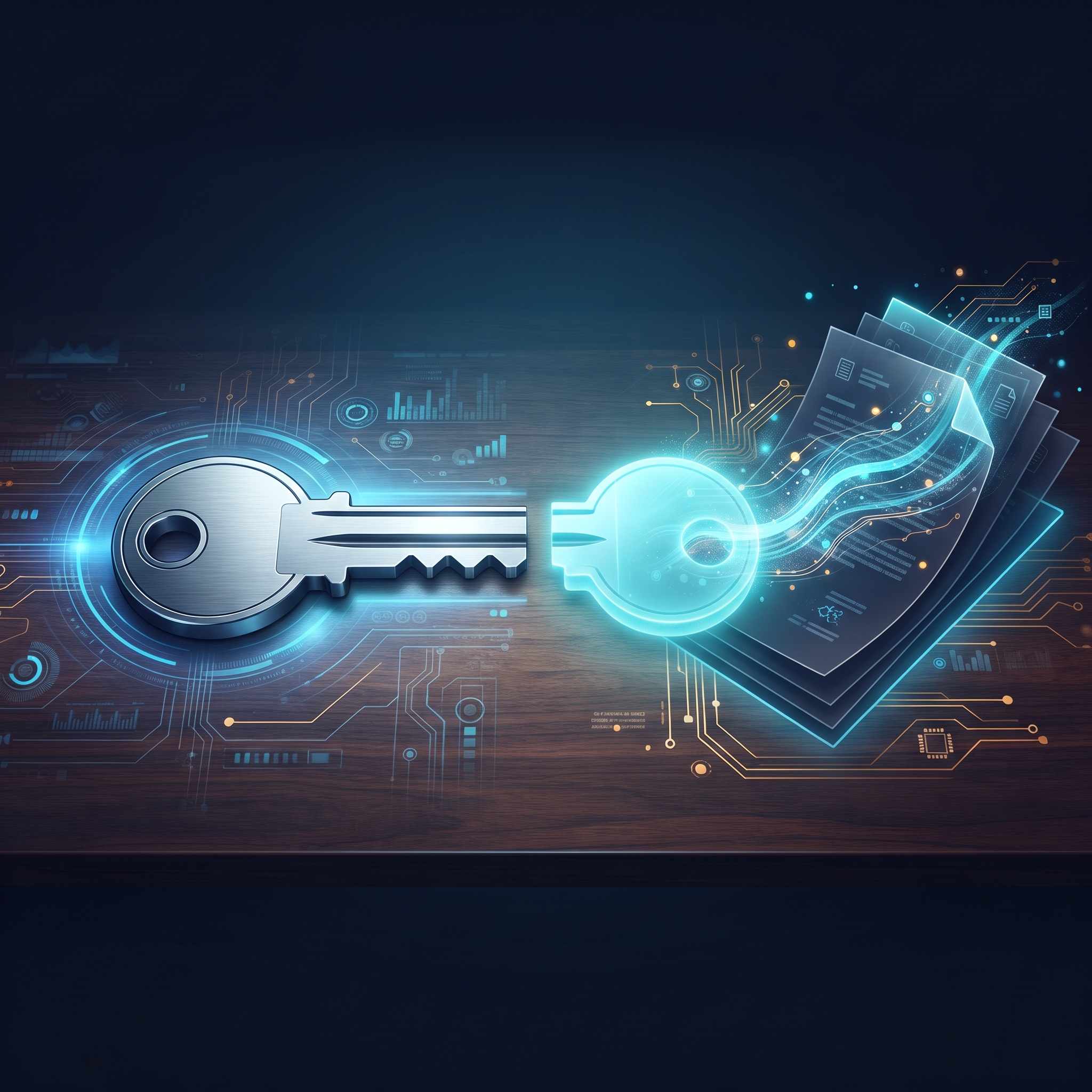 A sleek steel key split in half on a polished wooden desk, with one side glowing faintly to repre... - AI Precision Marketing