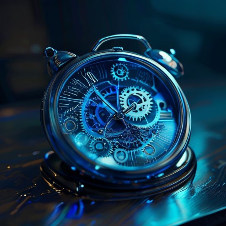 A small, intricate self-winding clock, gears visible, silently turning on a polished wooden desk - AI Precision Marketing