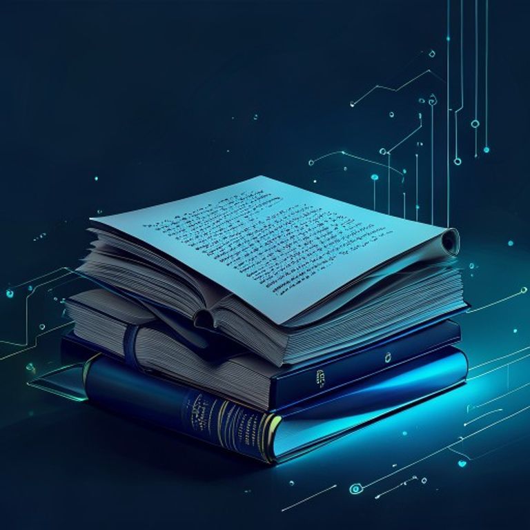 A stack of open books, with a single, concise scroll of parchment unrolling from the top book, co... - AI Precision Marketing