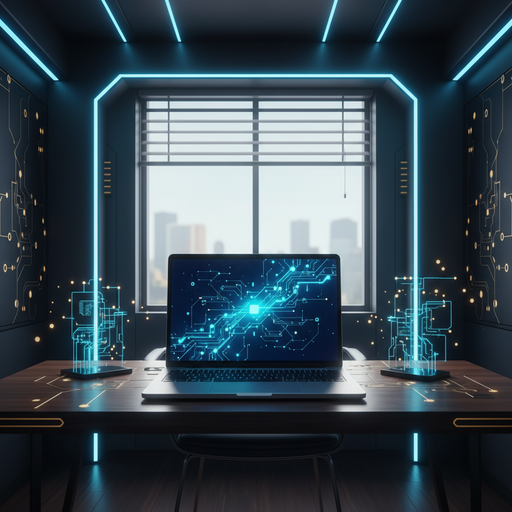 A sleek, modern laptop open on a clean wooden desk in a bright small office. The screen shows a s... - AI Precision Marketing