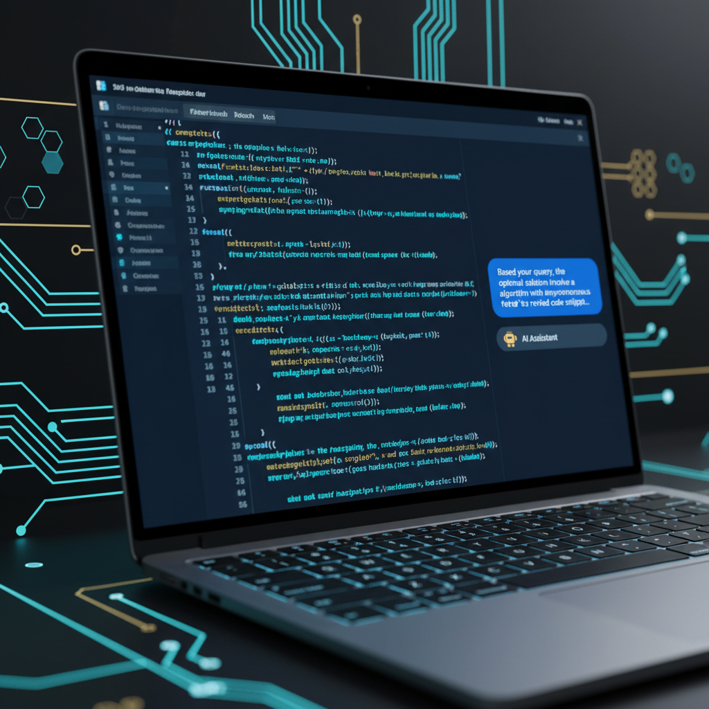 A close-up shot of a laptop screen displaying lines of code in a dark-themed editor. A chat inter... - AI Precision Marketing