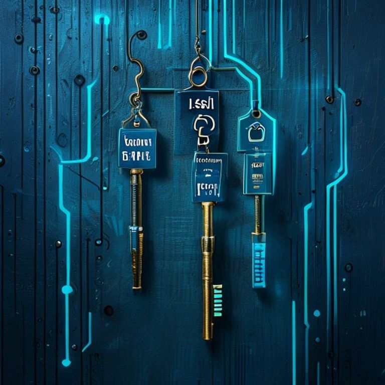 A master key hanging on a hook labeled "All Systems" with three duplicate keys dangling beside it... - AI Precision Marketing