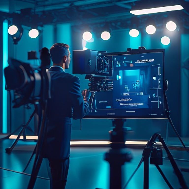 A teleprompter screen reflecting a confident speaker while the camera lens captures the shot, sur... - AI Precision Marketing