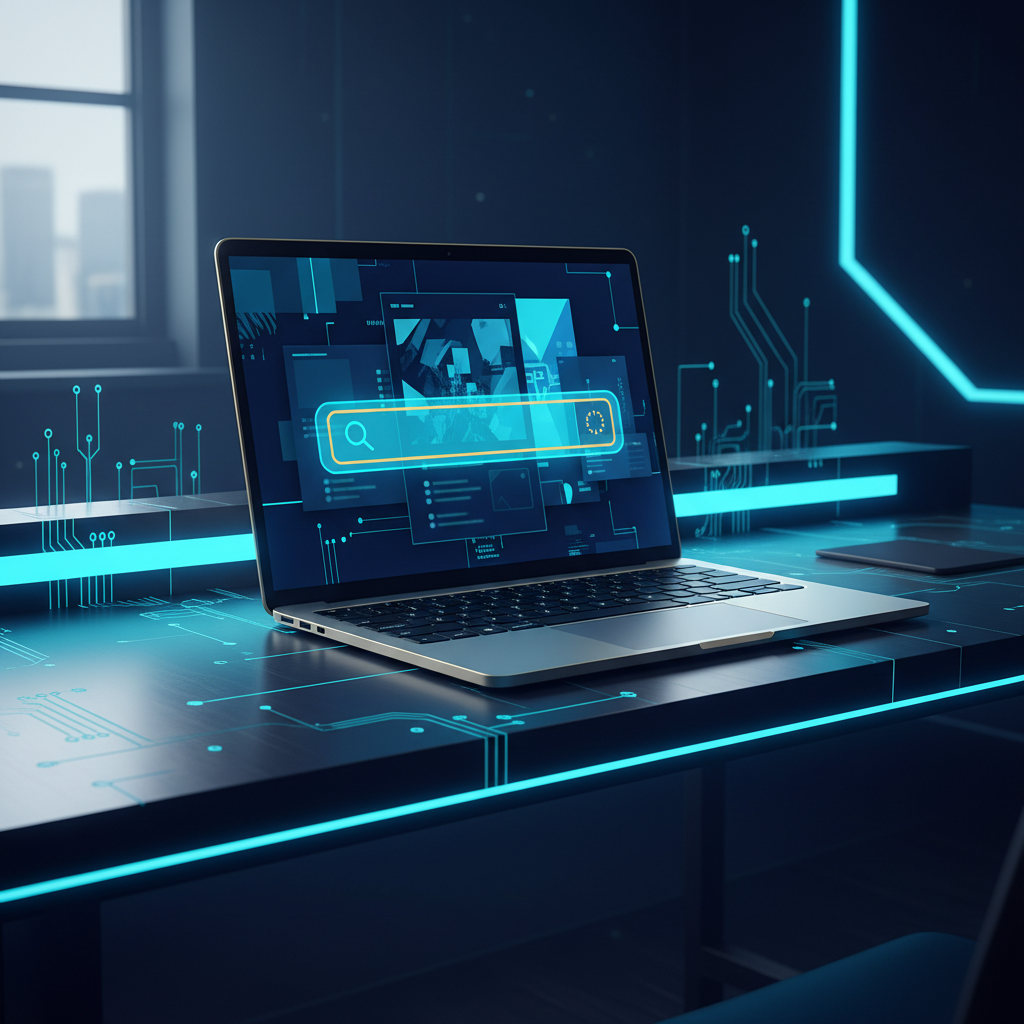 A clean, modern desk with a laptop open. On the screen, a futuristic search bar is overlaid on a... - AI Precision Marketing