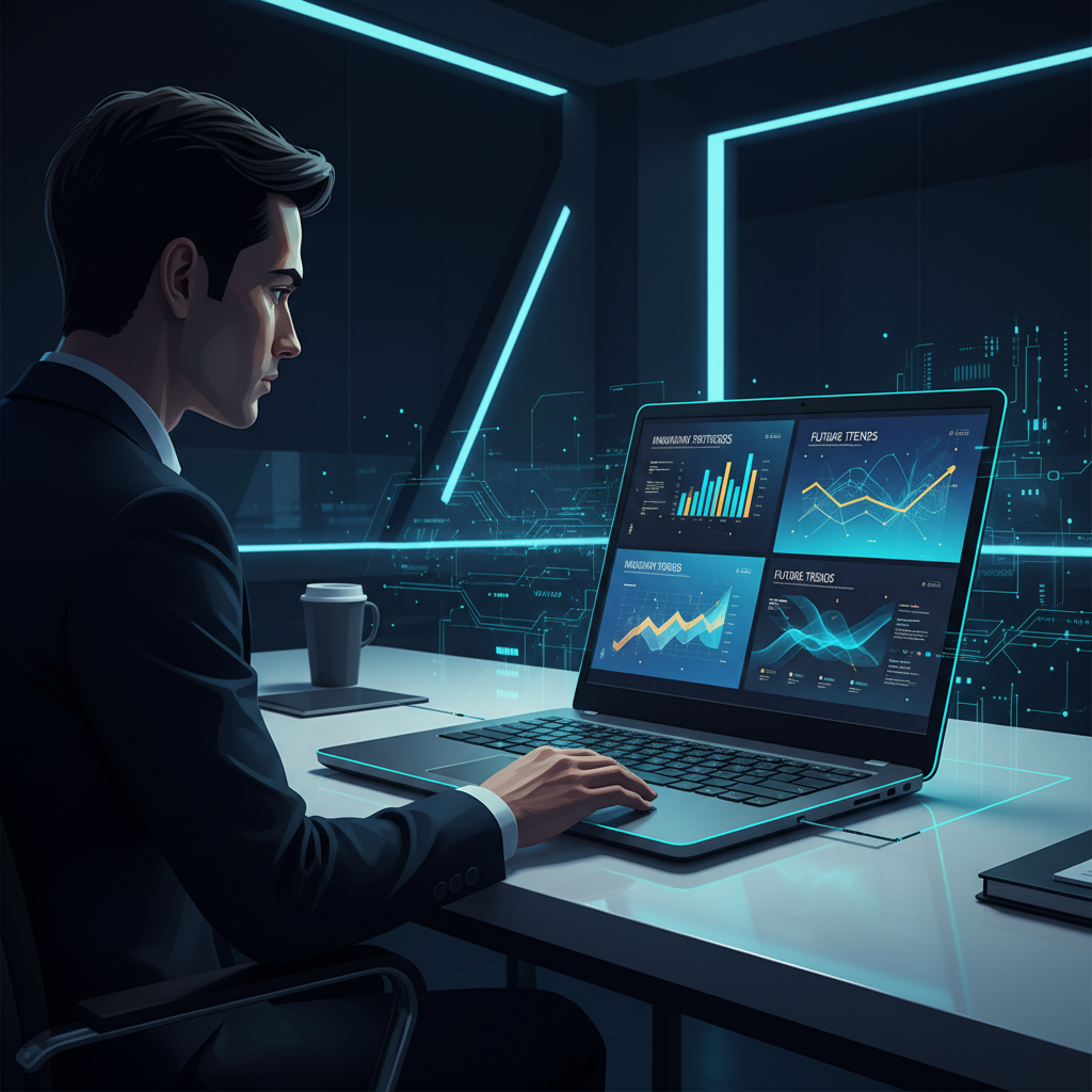 A person looking at a sleek, modern presentation on a laptop screen in a bright, minimalist offic... - AI Precision Marketing