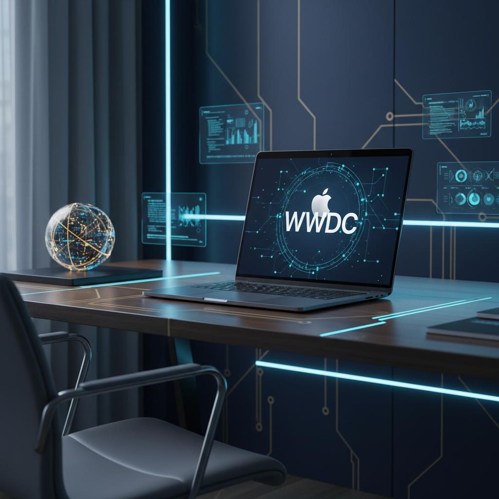 Modern tech workspace with a laptop displaying Apple's WWDC logo and subtle AI interface elements... - AI Precision Marketing