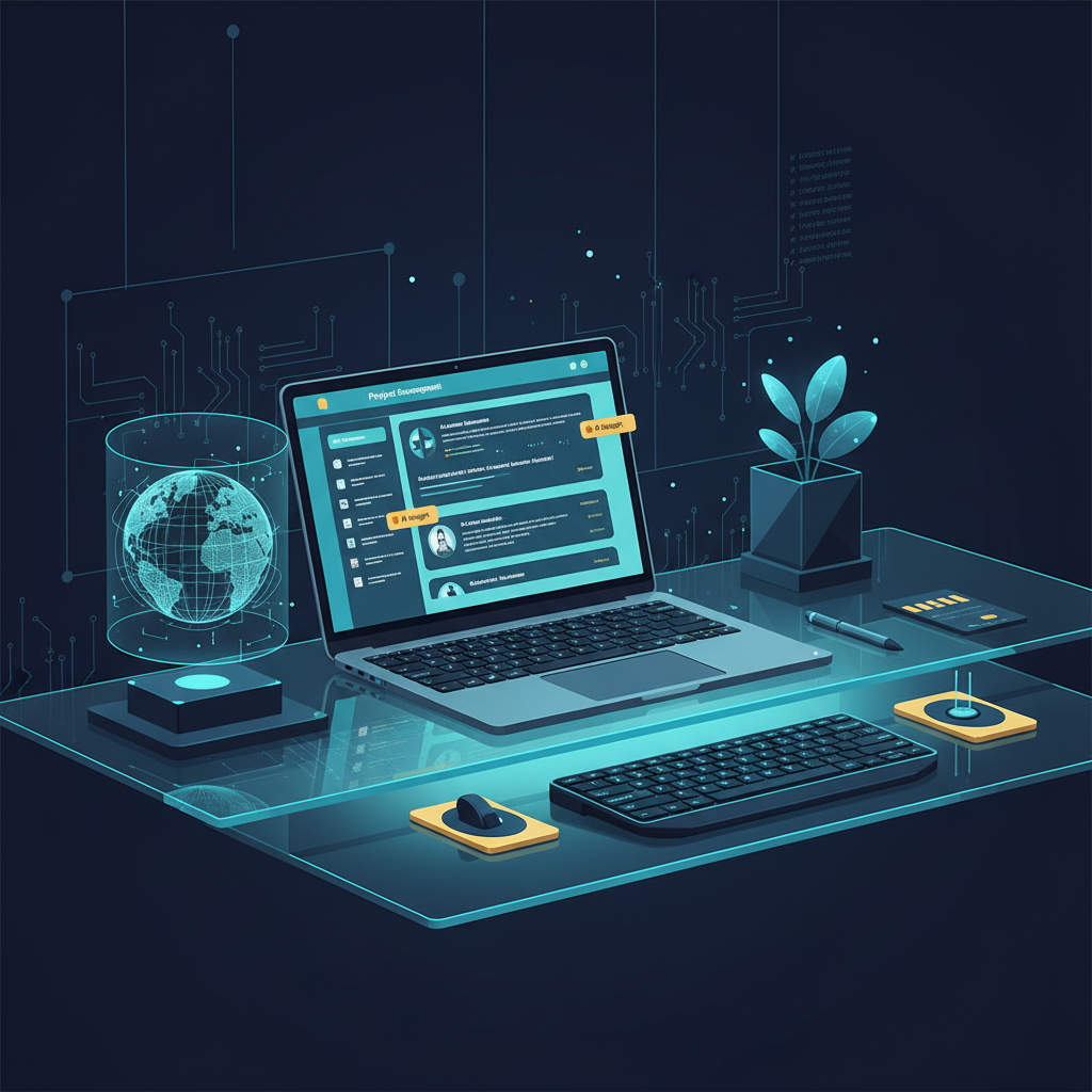 Modern tech workspace with a laptop showing a project management dashboard featuring AI-generated... - AI Precision Marketing