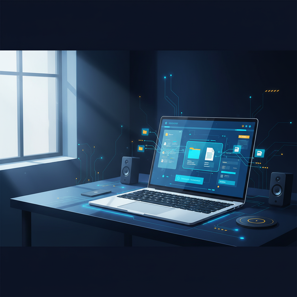 A clean, modern home office desk with a laptop open. The screen shows a sleek user interface with... - AI Precision Marketing