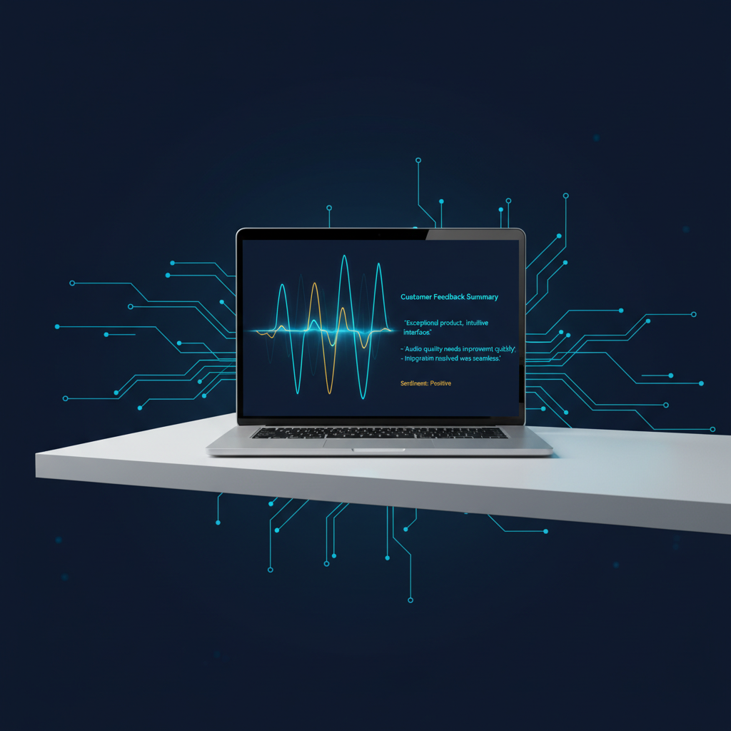 A laptop on a minimalist desk displaying a dashboard with audio waveforms and automatically gener... - AI Precision Marketing