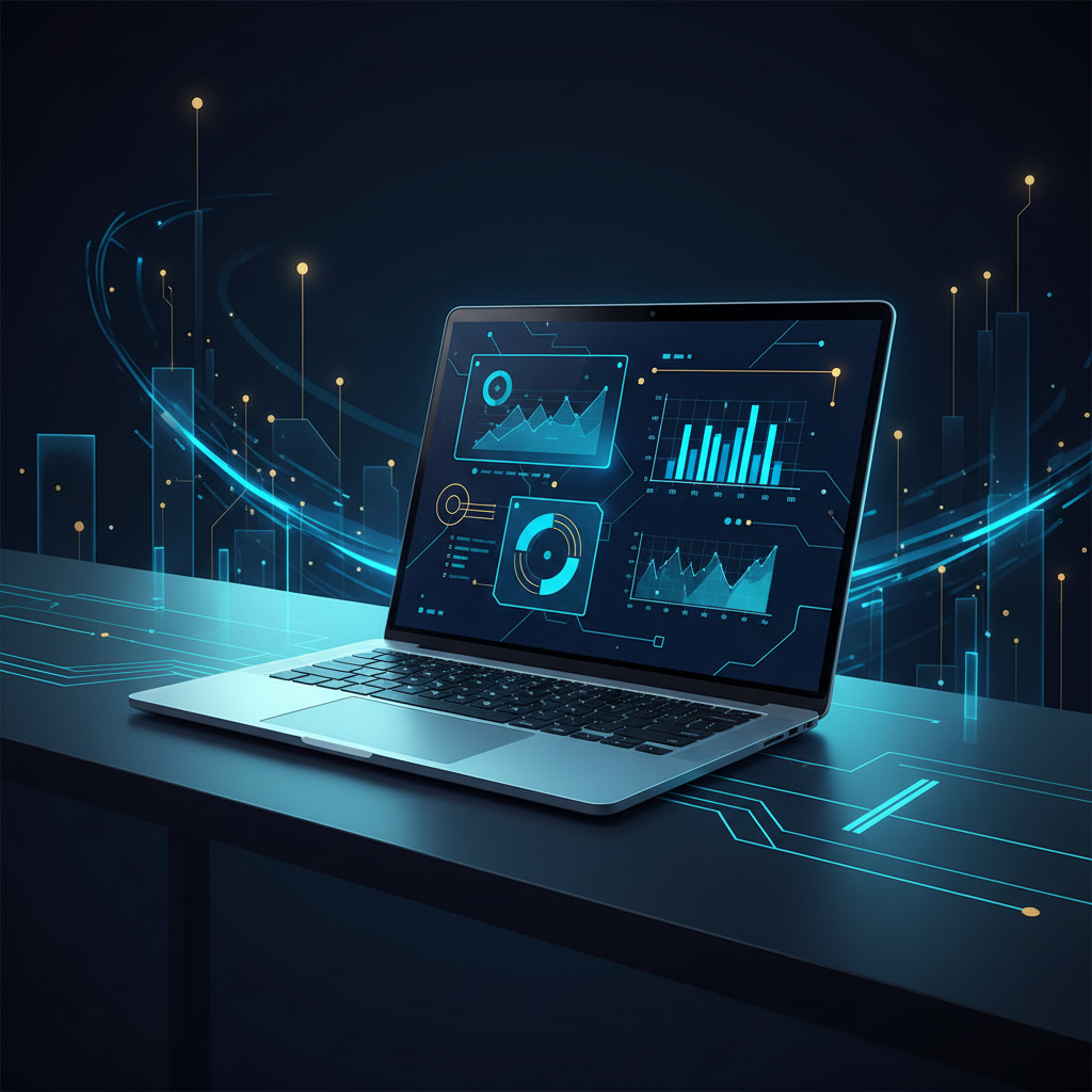 laptop on clean desk showing business dashboard, natural office lighting, professional workspace, re - AI Precision Marketing