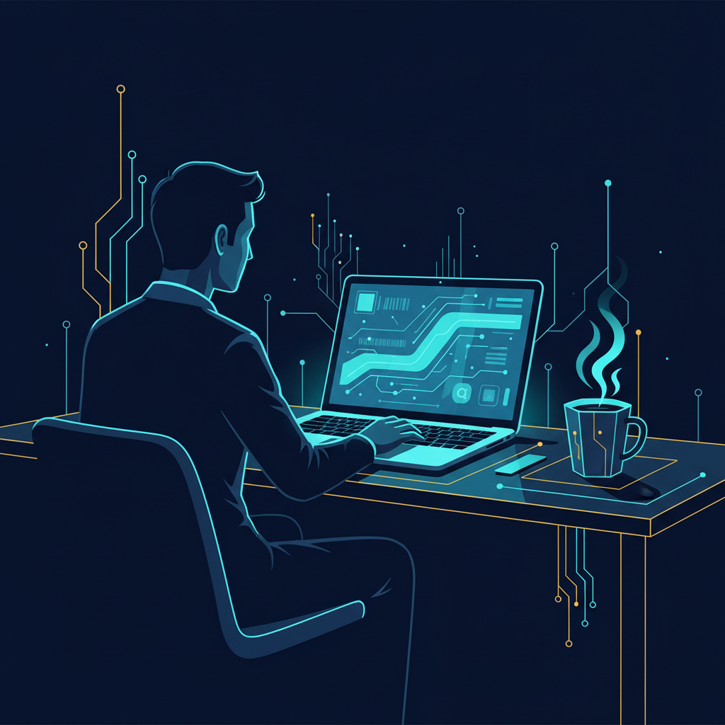 person working on laptop with coffee cup, modern bright office space, clean desk setup, natural wind - AI Precision Marketing