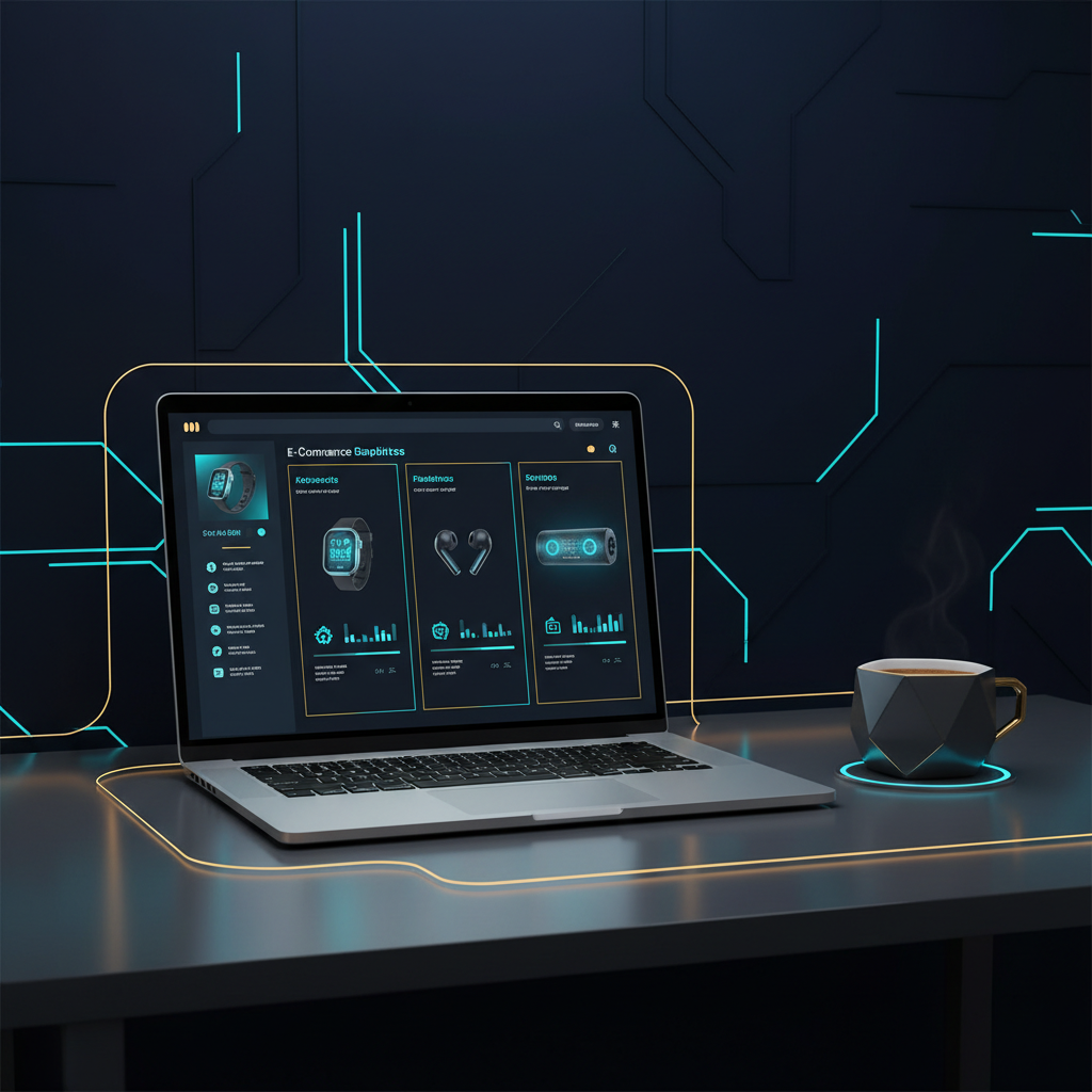 A clean, modern desk with a laptop open to a visually rich e-commerce product comparison page. Th... - AI Precision Marketing