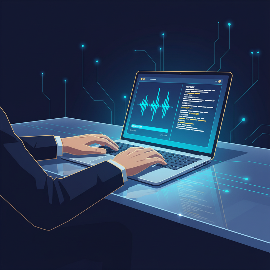 A person's hands at a clean, modern desk editing a video timeline on a laptop. The screen shows a... - AI Precision Marketing