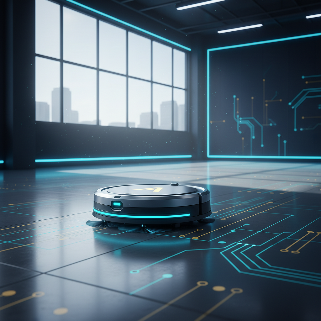 A clean, modern warehouse interior with a sleek, autonomous floor-cleaning robot in motion. Natur... - AI Precision Marketing