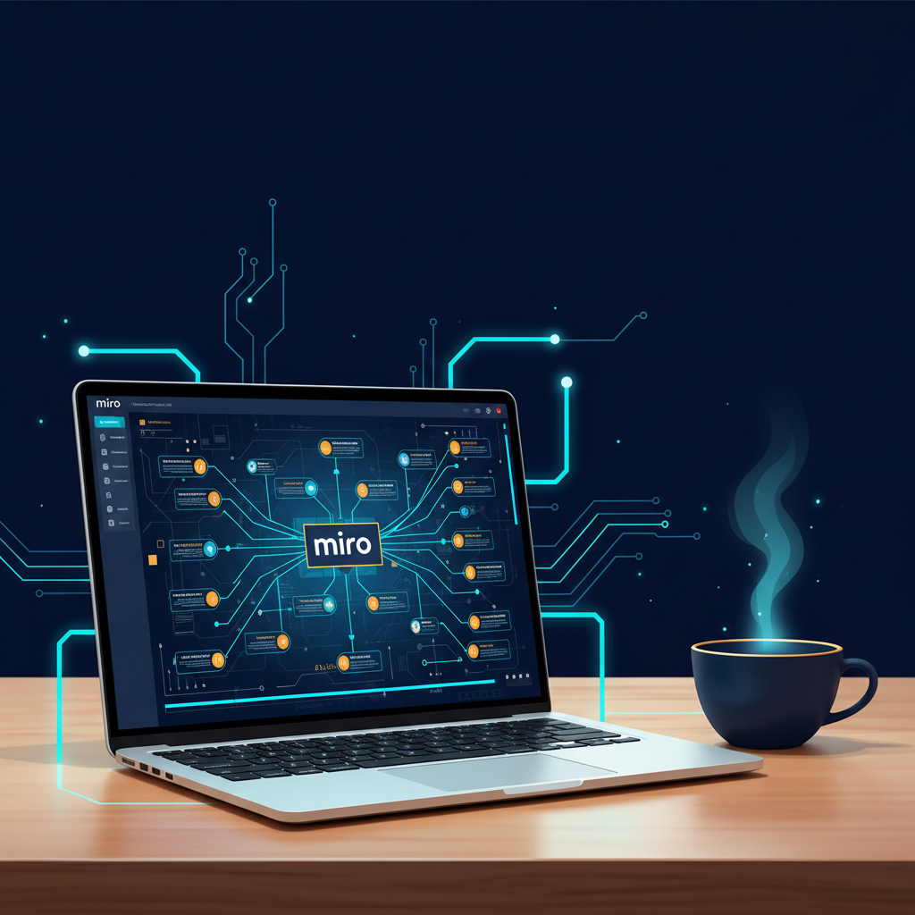 A laptop on a clean wooden desk showing a colorful, complex mind map on the Miro interface. A cof... - AI Precision Marketing