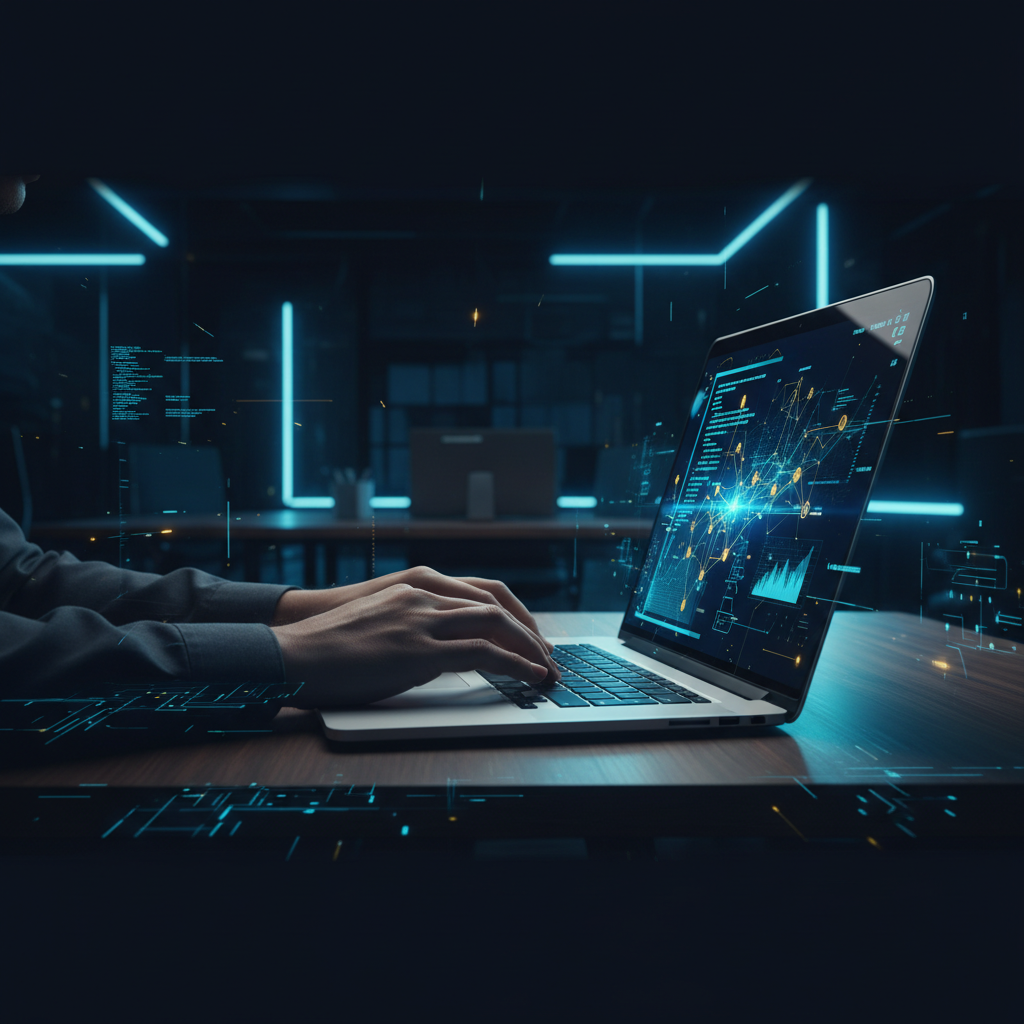 A person's hands typing on a sleek silver laptop on a minimalist wooden desk. The screen shows li... - AI Precision Marketing