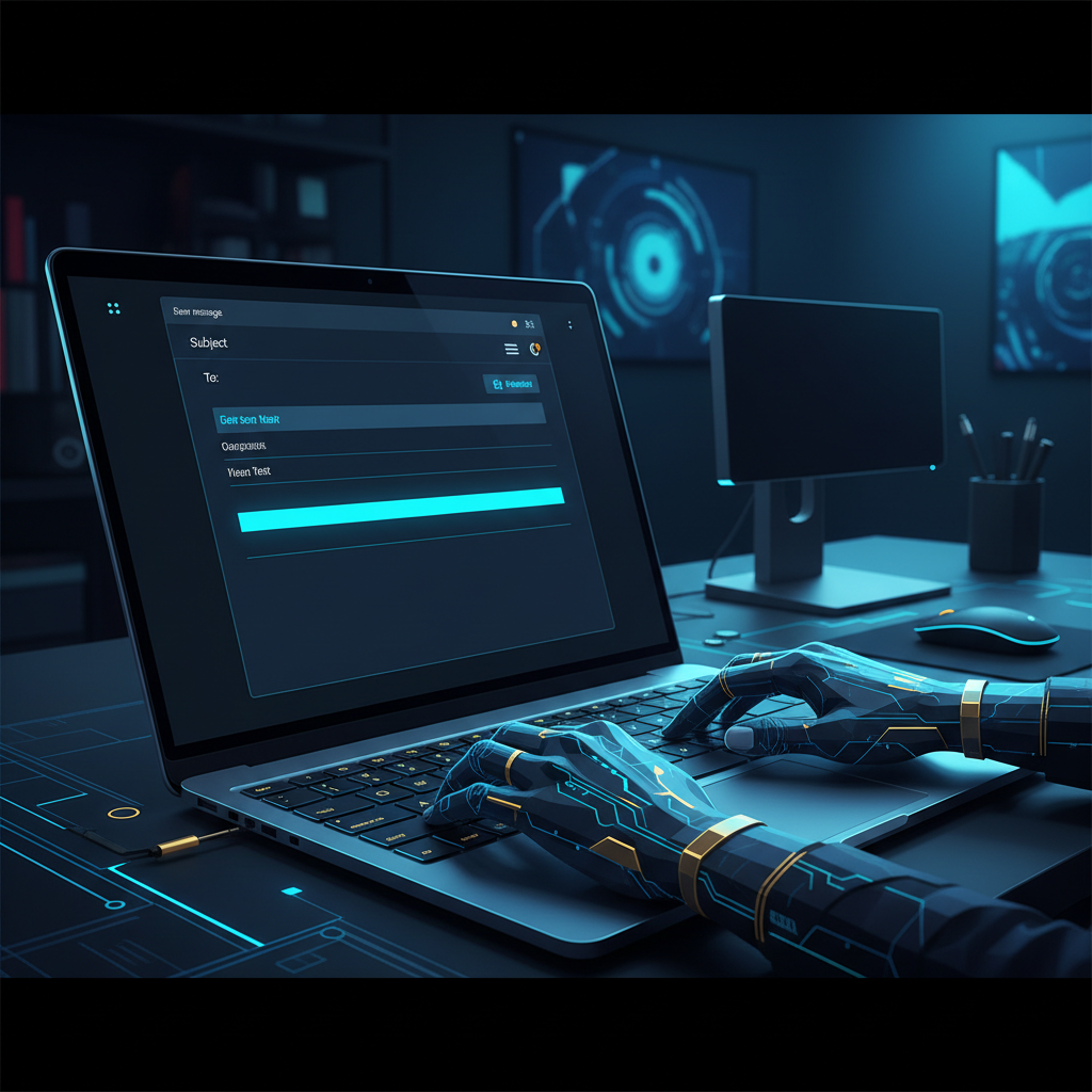 A close-up shot of a laptop screen displaying a clean, dark-mode email interface. The user's fing... - AI Precision Marketing