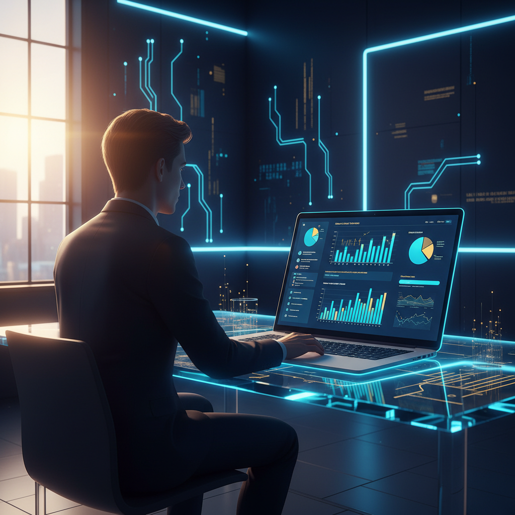 A person at a modern, sunlit desk working on a laptop displaying a social media business dashboar... - AI Precision Marketing