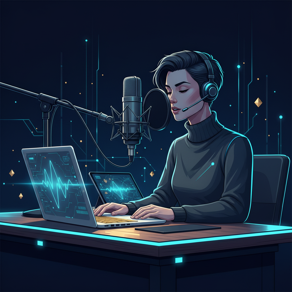 A person speaking into a professional microphone in a clean, modern home office, with a laptop op... - AI Precision Marketing