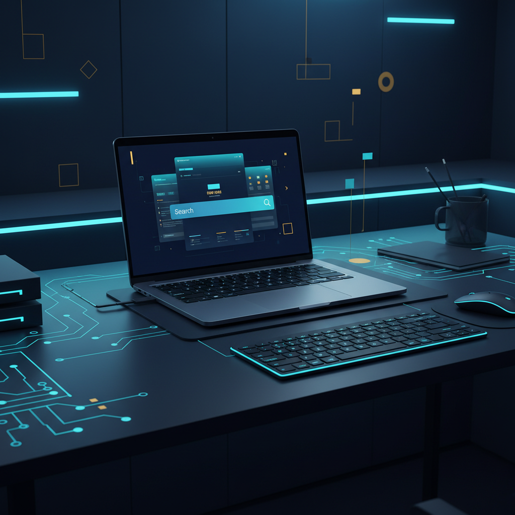 A minimalist desk setup with a laptop open. The screen displays a clean, elegant search bar inter... - AI Precision Marketing