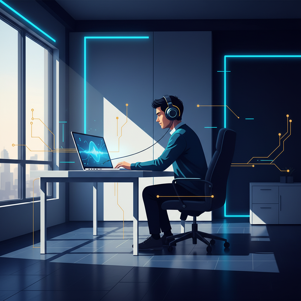 A person wearing headphones sits in a modern, minimalist office, focused on a laptop screen displ... - AI Precision Marketing