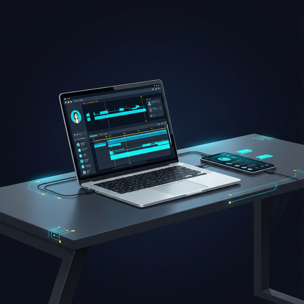 A modern, minimalist desk with a laptop open to a video editing timeline, a smartphone next to it... - AI Precision Marketing