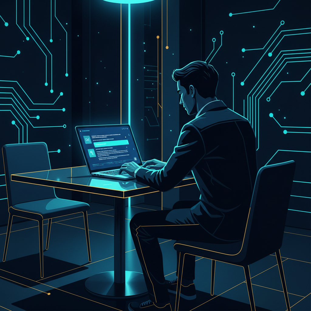 A person sitting at a clean, well-lit cafe table, looking thoughtfully at a laptop screen display... - AI Precision Marketing