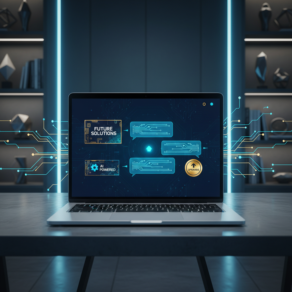 A clean, modern office space with a laptop open on a desk. The screen displays a stylized, generi... - AI Precision Marketing