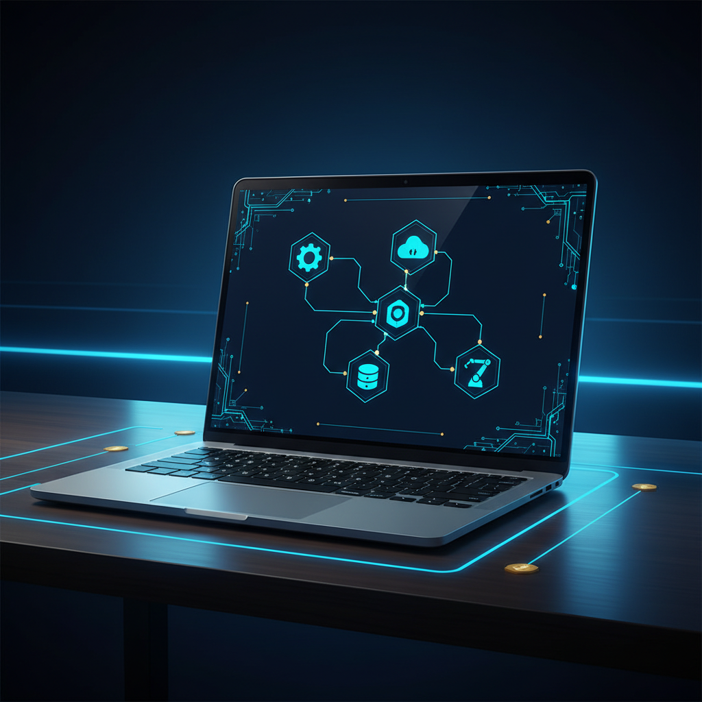 A laptop on a wooden desk shows a clean, modern dashboard with app icons connected by lines, symb... - AI Precision Marketing