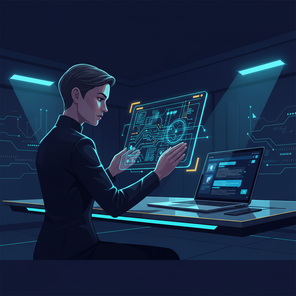 A modern, clean workshop where an engineer is looking at a complex schematic on a large tablet, w... - AI Precision Marketing