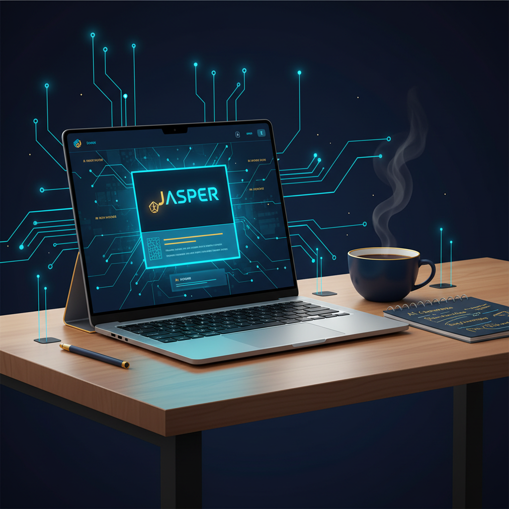 A laptop on a clean wooden desk showing the Jasper AI writing interface. Next to it is a cup of c... - AI Precision Marketing