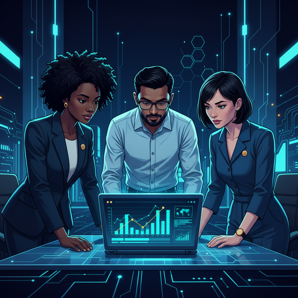 A small team of three diverse professionals in a modern, bright office having a focused discussio... - AI Precision Marketing