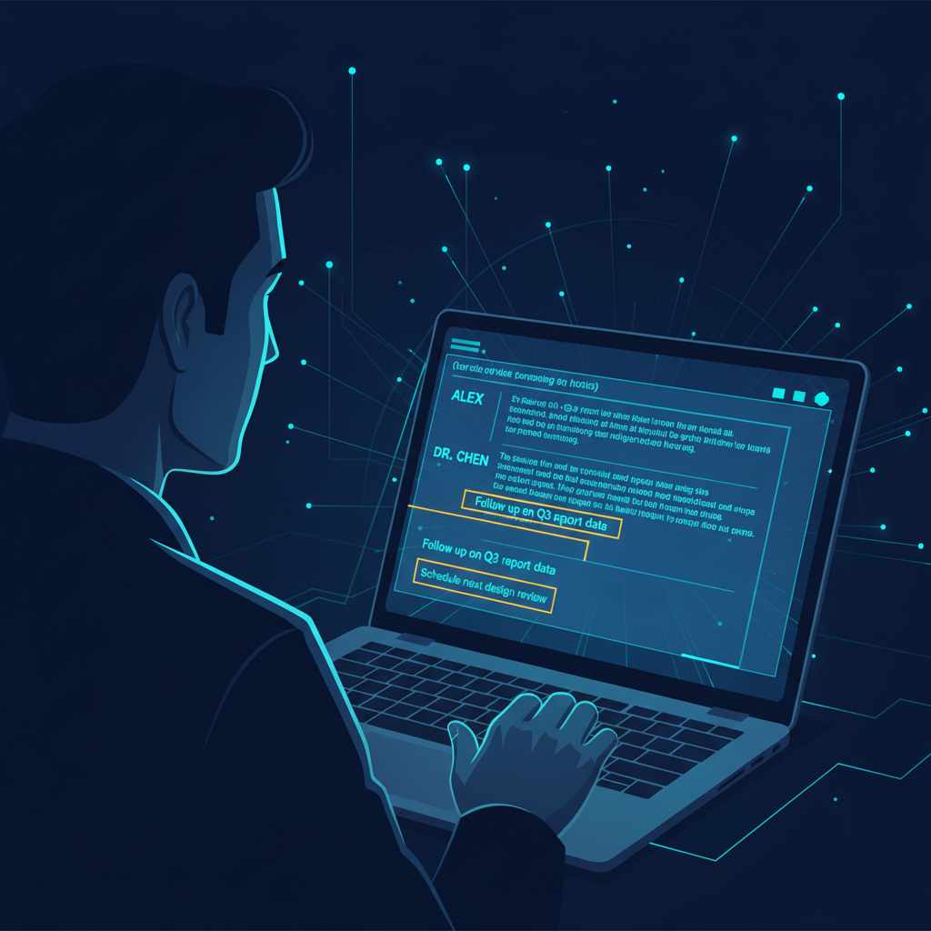 A close-up over-the-shoulder view of a person looking at a laptop screen displaying a clean meeti... - AI Precision Marketing