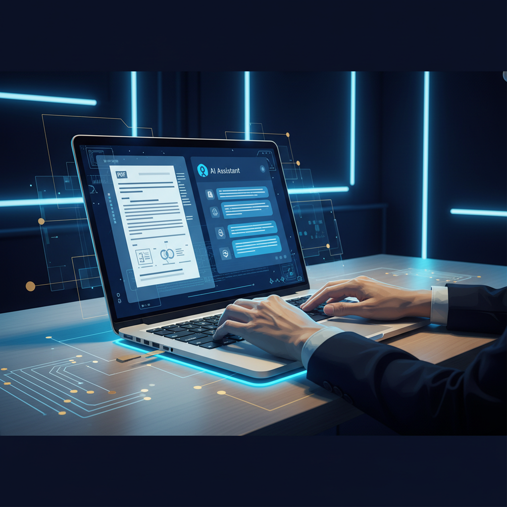 A person's hands at a clean wooden desk, using a laptop that displays a PDF document with an AI c... - AI Precision Marketing