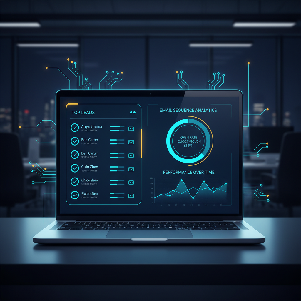 A laptop screen showing a clean sales dashboard with contact names and email sequence analytics.... - AI Precision Marketing