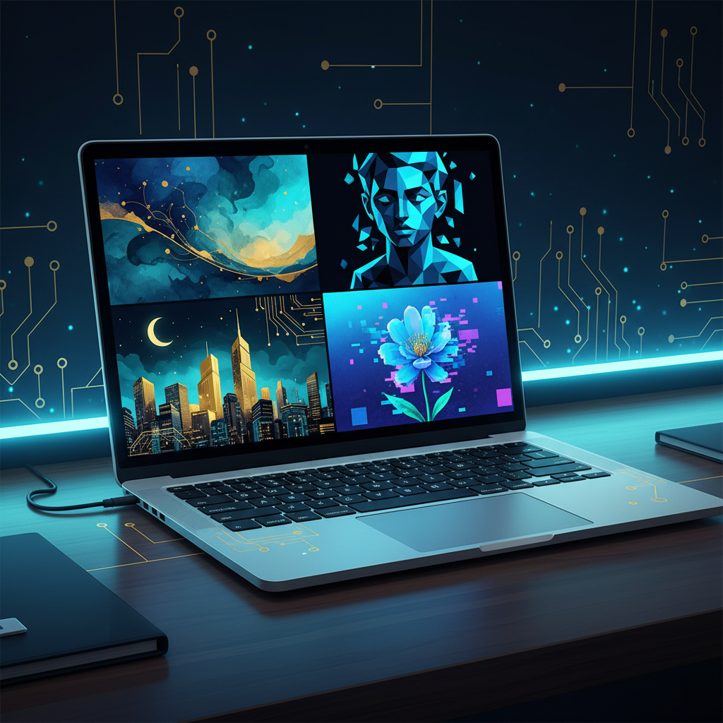 A laptop on a clean wooden desk displaying a grid of four vibrant, AI-generated images of differe... - AI Precision Marketing