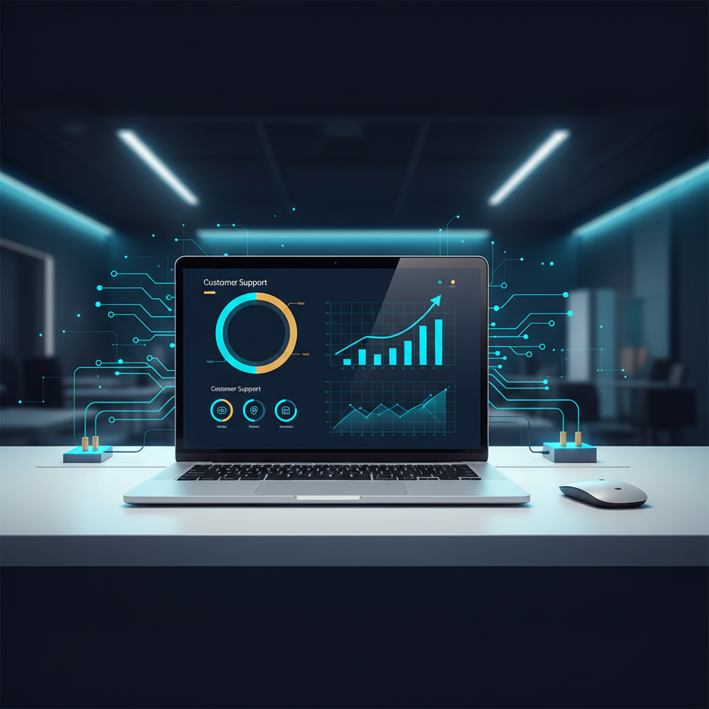 A clean, modern small office space with a laptop open on a desk showing a customer support dashbo... - AI Precision Marketing