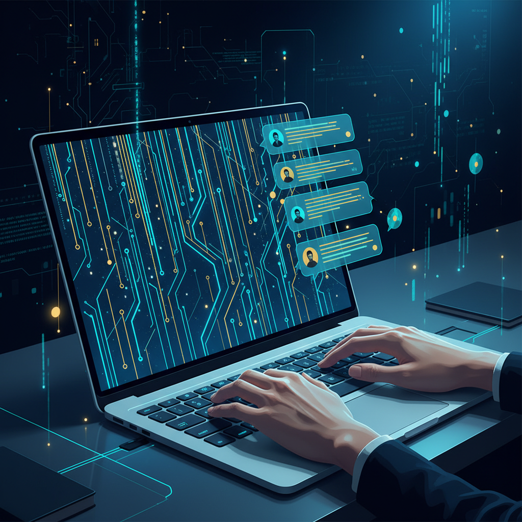 A person's hands typing on a laptop keyboard. The screen shows lines of colorful code with a chat... - AI Precision Marketing