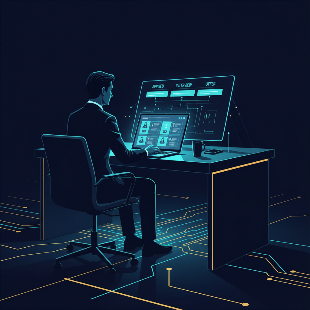 A person sitting at a minimalist desk, looking at a laptop screen that shows a clean user interfa... - AI Precision Marketing