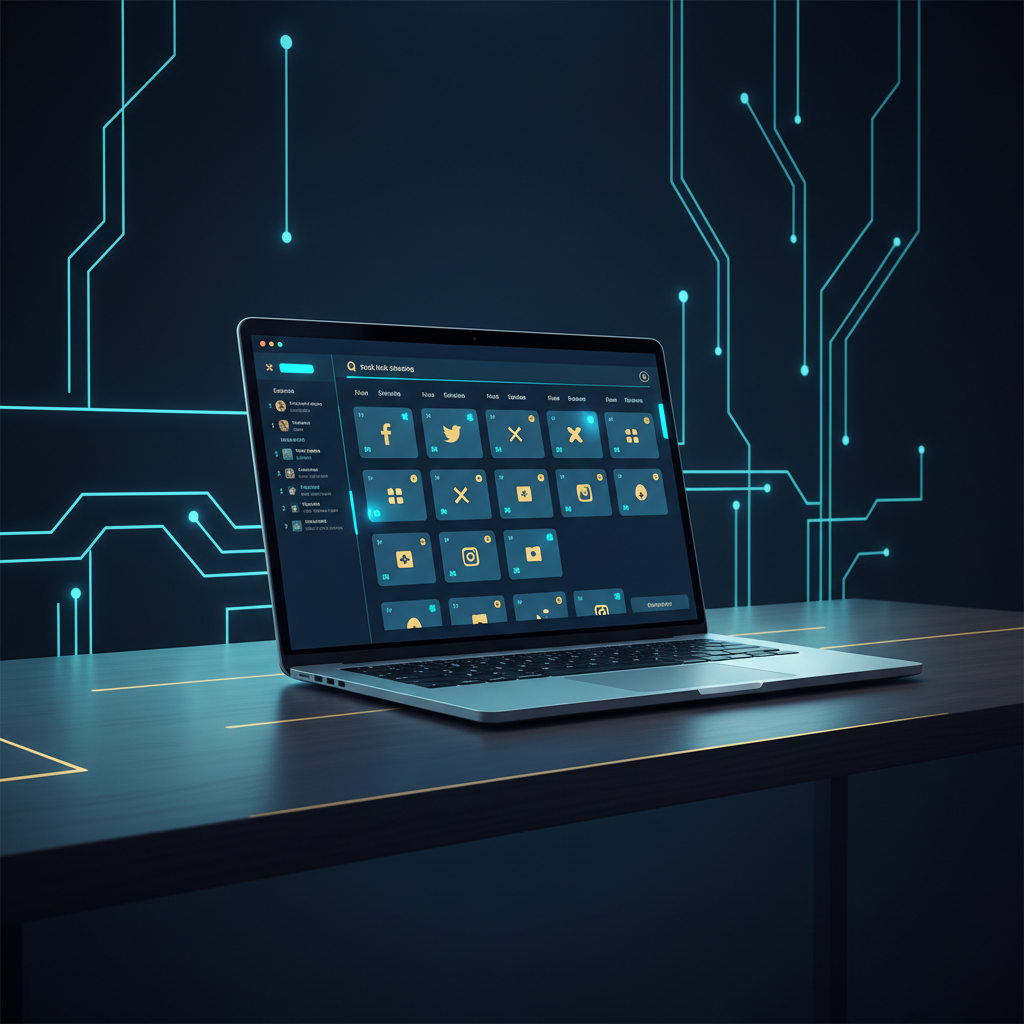 A laptop on a clean wooden desk displaying a social media scheduling calendar with posts queued u... - AI Precision Marketing