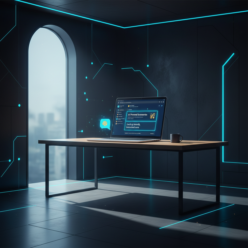 A clean, modern office space with a laptop open on a desk, displaying the Slack interface with ne... - AI Precision Marketing