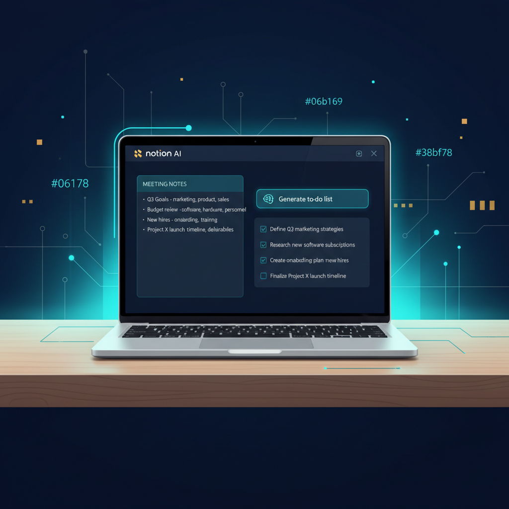 A laptop on a minimalist wooden desk showing the Notion AI interface generating a to-do list from... - AI Precision Marketing