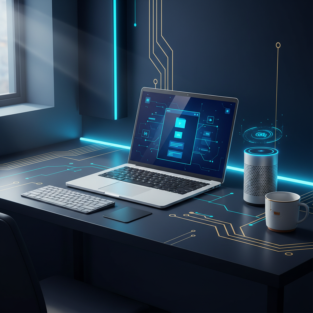 A clean, modern home office desk with a laptop open, showing a simple user interface with files a... - AI Precision Marketing