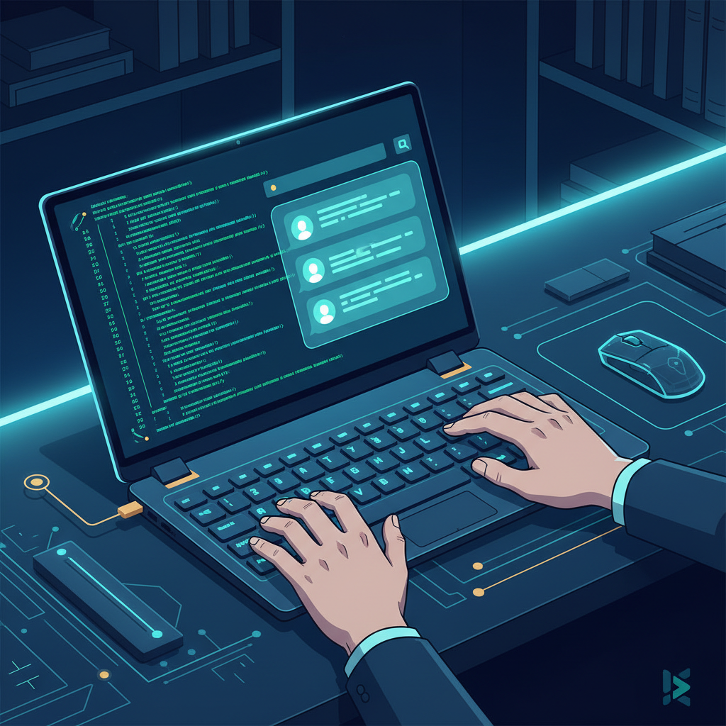 A person's hands on a keyboard, with a laptop screen showing lines of code and a chat interface o... - AI Precision Marketing
