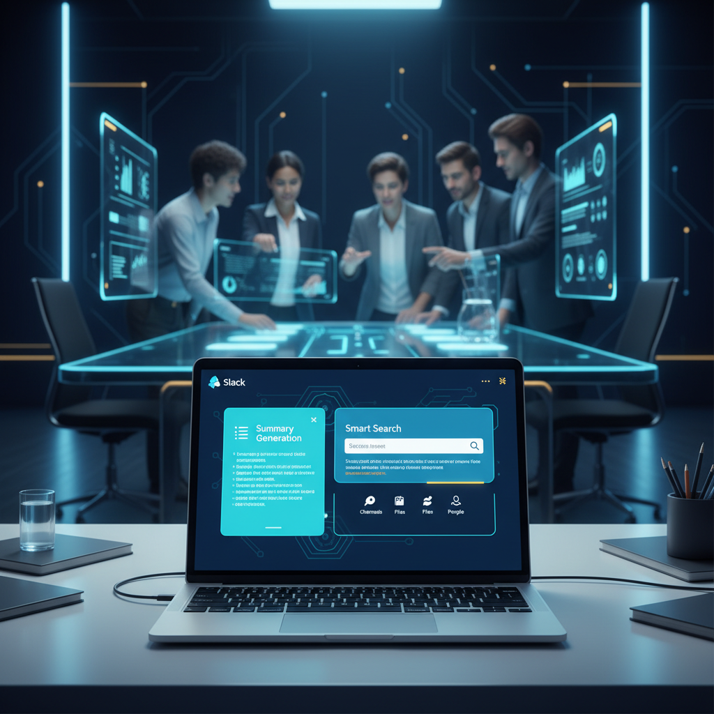 A clean, modern office desk with a laptop displaying the Slack interface, showing AI features lik... - AI Precision Marketing