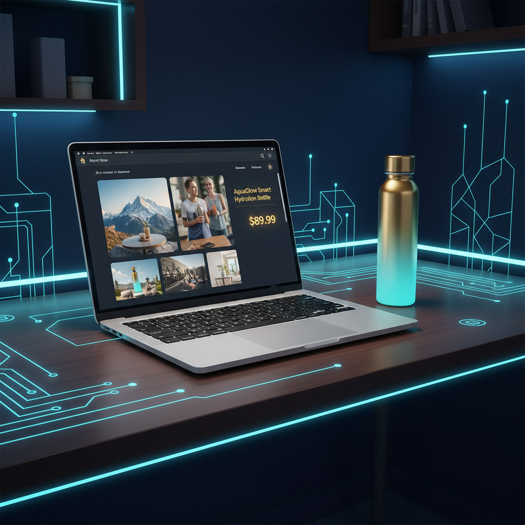 A clean, modern desk with a laptop open to a Shopify product page. Next to the laptop is a single... - AI Precision Marketing