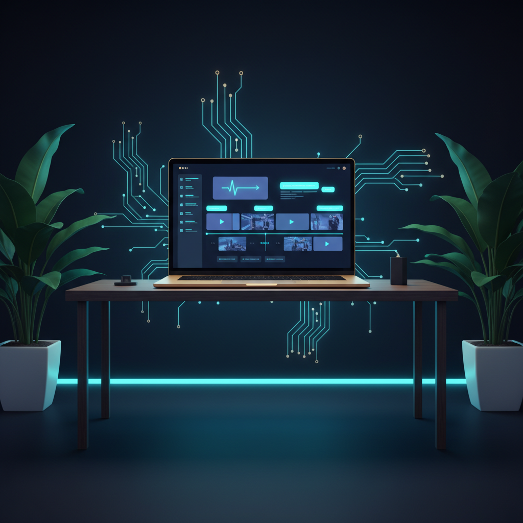 A laptop on a minimalist wooden desk showing a user interface for a video creation tool. The scre... - AI Precision Marketing
