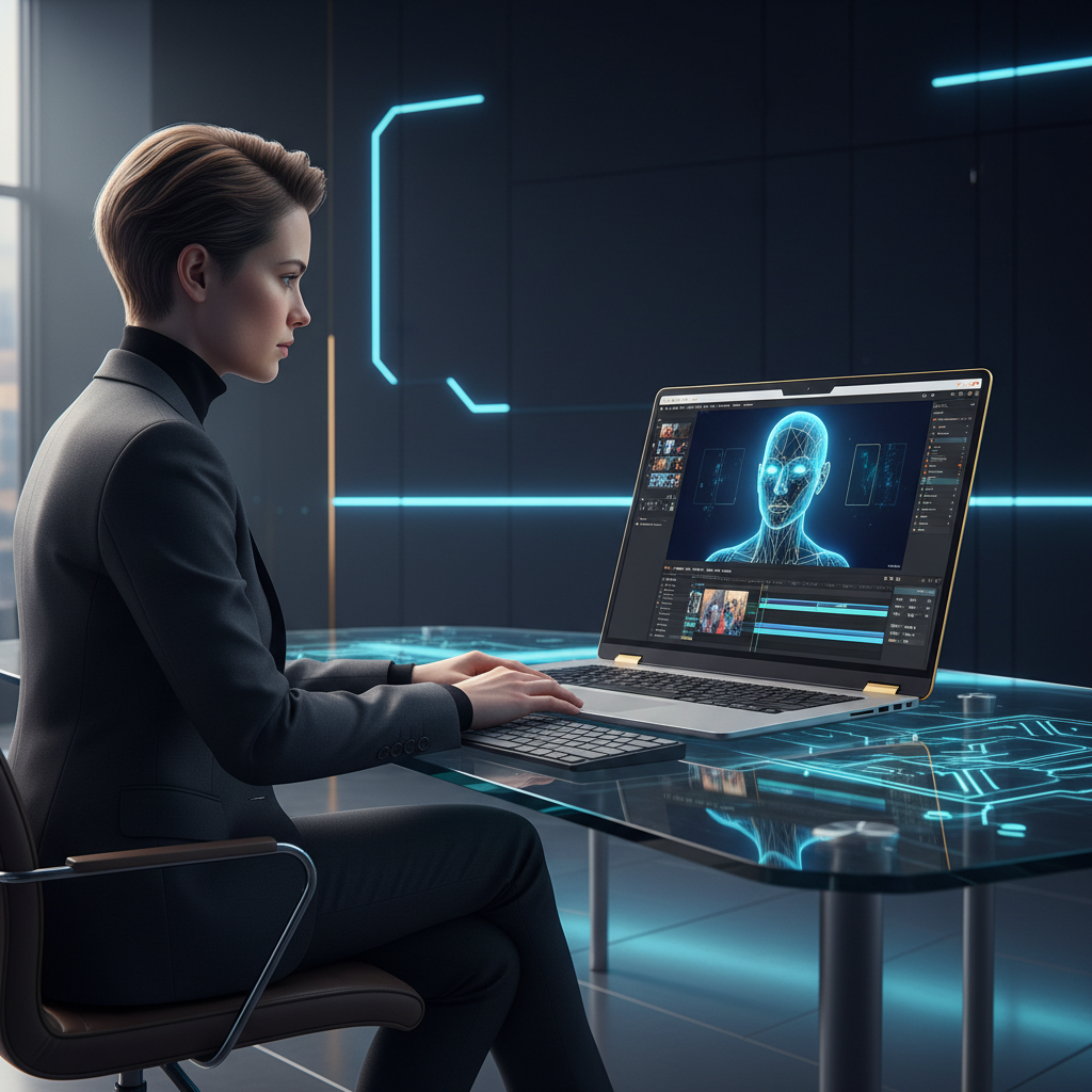 A person sitting at a modern desk, looking at a laptop screen displaying a video editing interfac... - AI Precision Marketing