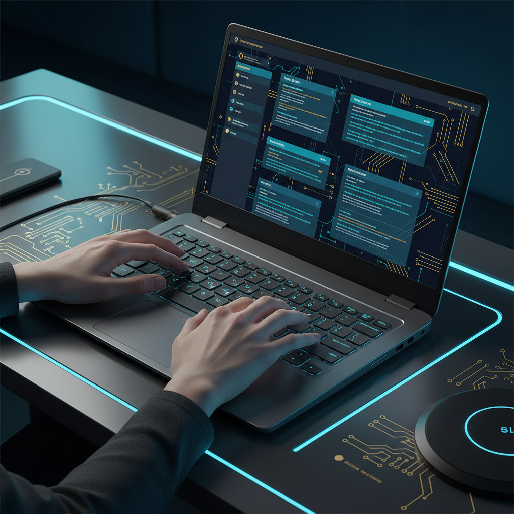 A person's hands typing on a laptop keyboard, with a screen showing a content generation interfac... - AI Precision Marketing